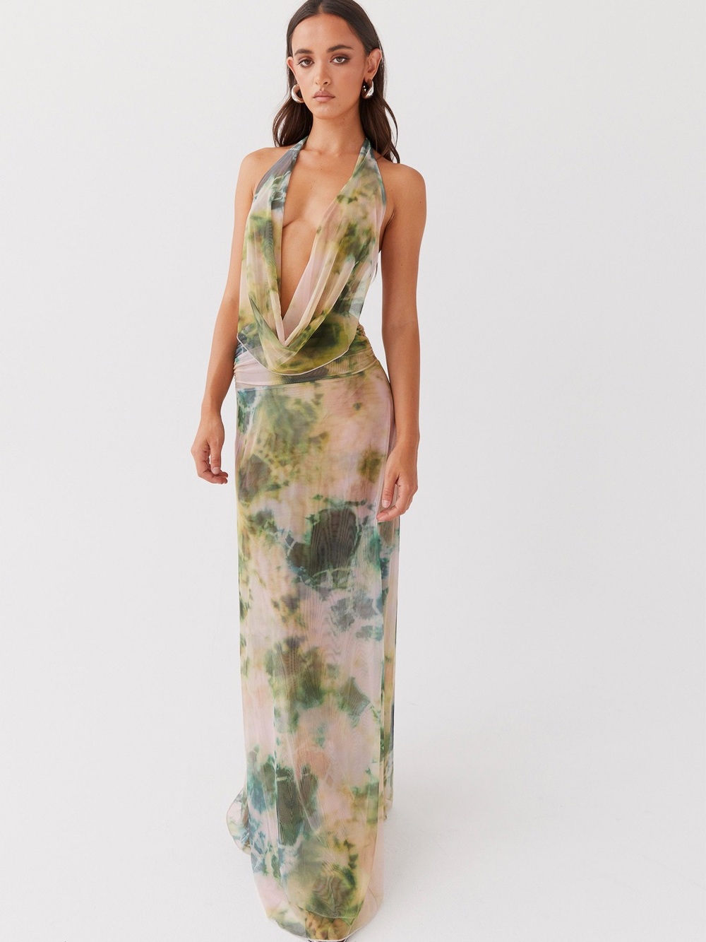 Peppermayo Halter Cowl Maxi Dress in Green and Pink Tie-Dye